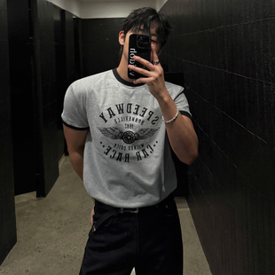 MRCYC复古撞色短袖T恤男士夏季cleanfit上衣韩系通勤圆领印花短t