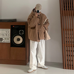 MRCYC牛角扣毛呢子短款大衣男冬季加厚外套韩系宽松连帽保暖棉服