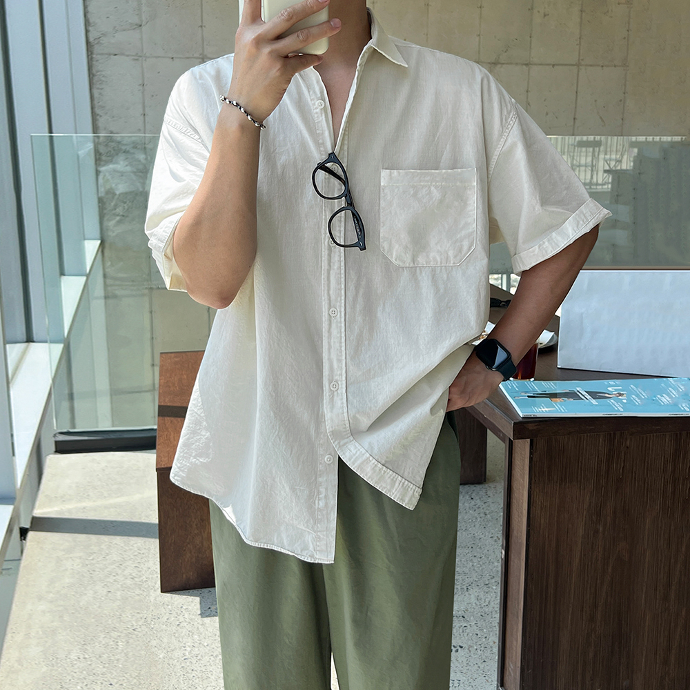 MRCYC韩版宽松纯色短袖衬衫