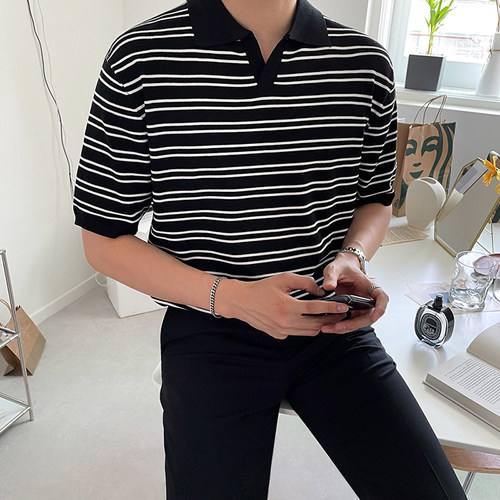 MRCYC韩版条纹短袖针织POLO衫男