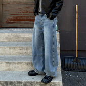 男2026春季 新款 宽松阔腿直筒裤 MRCYC做旧水洗牛仔裤 韩系通勤长裤