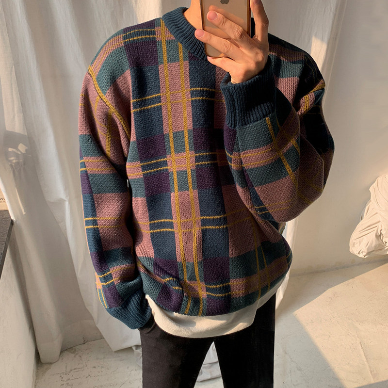 MRCYC MENS WINTER THICK SWEATER KOREAN TRENDY COLOR MATCHING PLAID SWEATER LOOSE LAZY BOTTOMING SHIRT