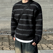 MRCYC老钱风条纹圆领毛衣男冬季 保暖宽松针织衫 韩系日常通勤穿搭