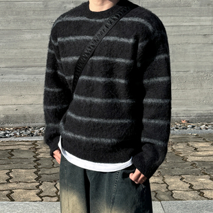 MRCYC老钱风条纹圆领毛衣男冬季保暖宽松针织衫韩系日常通勤穿搭