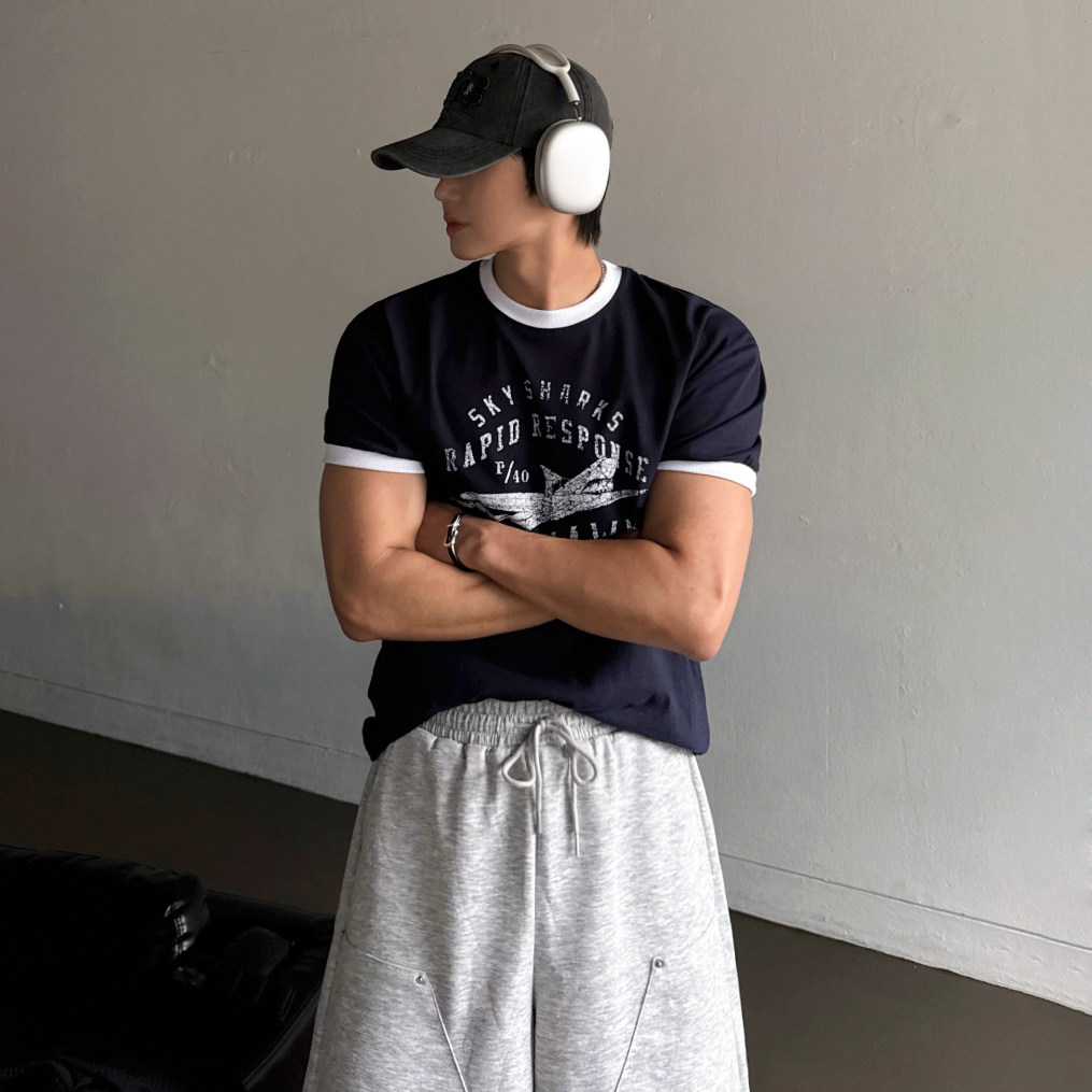 MRCYC复古撞色印花短袖T恤男夏季宽松休闲做旧体恤韩系人夫感穿搭