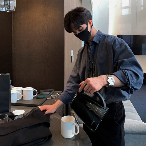 MRCYC韩版宽松纯色牛仔长袖衬衫