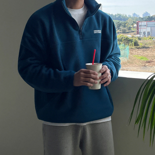 立领加绒卫衣男韩系宽松半拉链上衣印花保暖套头外套 MRCYC秋冬季