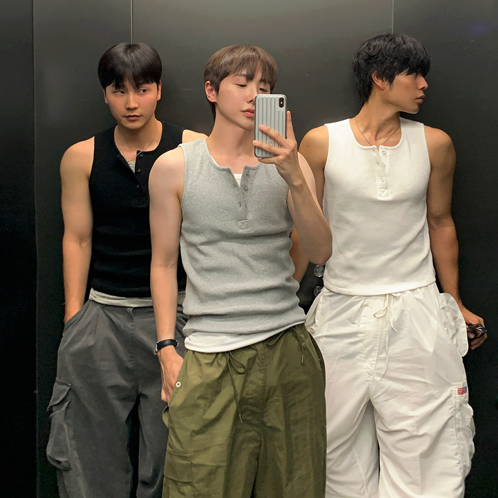 MRCYC亨利领简约无袖T恤男夏季运动健身背心韩系修身纯色坎肩内搭