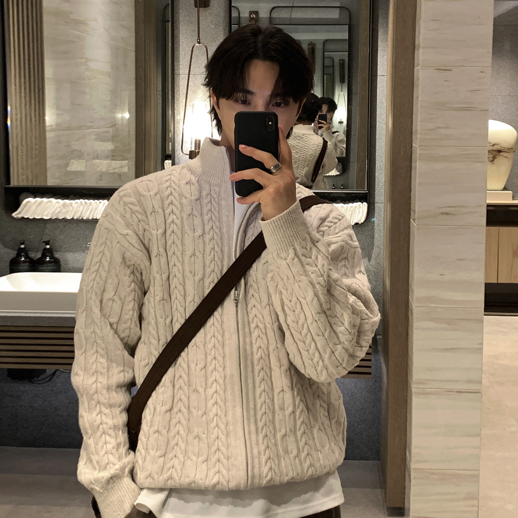 thumbnail for MRCYC Old Money Style Stand Collar Zipper Knit Cardigan for Men, Autumn/Winter Twisted Sweater Korean Style Husband's Style Outfit