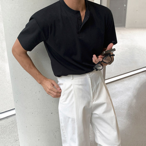 MRCYC韩版宽松亨利领短袖T恤
