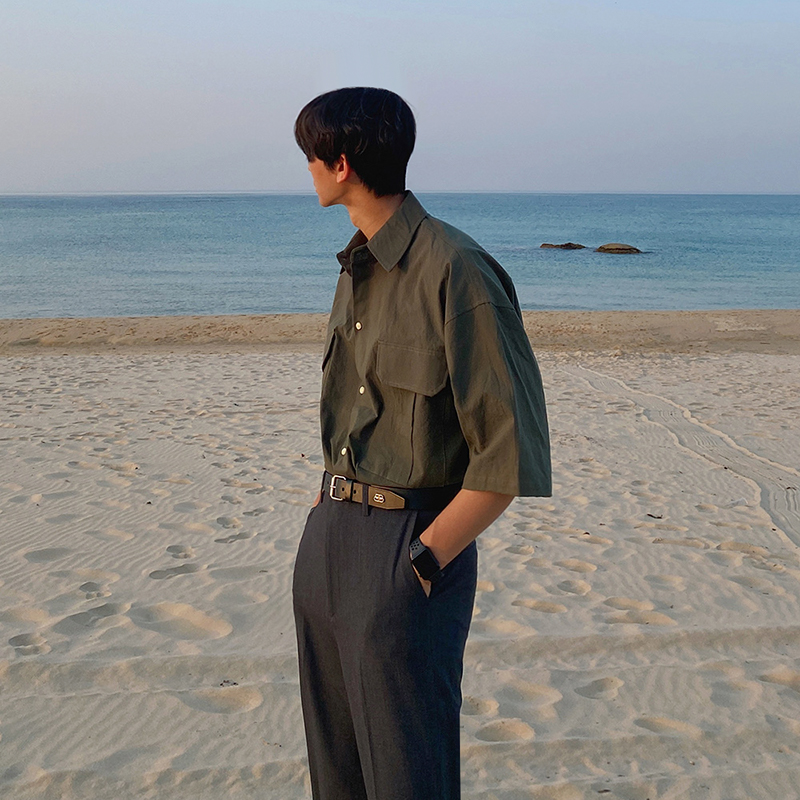 MRCYC夏季宽松短袖衬衫男韩系潮流衬衣港风外穿五分袖寸衫外套