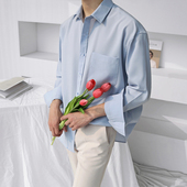 男长袖 MRCYC秋季 ins气质垂感免烫水蓝色白衬衫 韩系宽松潮流衬衣