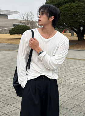 MRCYC简约风纯色长袖T恤男士秋季宽松休闲打底衫韩系通勤圆领上衣