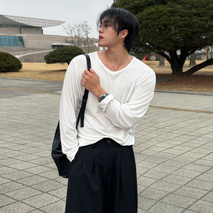 MRCYC简约风纯色长袖T恤男士秋季宽松休闲打底衫韩系通勤圆领上衣