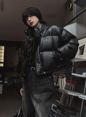 MRCYC高级感PU皮短款棉衣男士冬季宽松保暖外套韩系潮流立领棉服