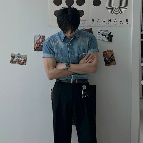 MRCYC韩系复古宽松休闲短袖衬衫