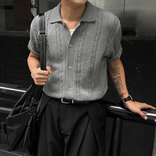 MRCYC老钱风翻领短袖针织开衫男