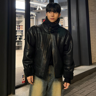 MRCYC皮毛一体翻领pu皮棉衣男士冬季保暖宽松羊羔毛外套韩系穿搭