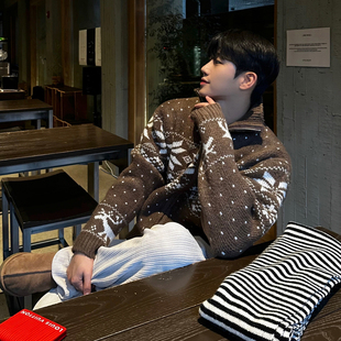 宽松双拉链针织外套圣诞节穿搭 冬季 MRCYC设计感撞色开衫 毛衣男士