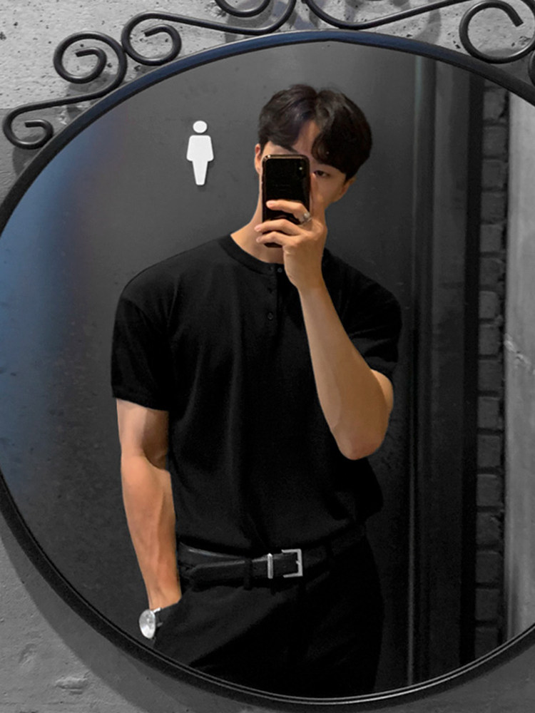 MRCYC 남성용 반팔 티셔츠 한국 스타일 트렌디 여름 얇은 슬림 피트 반팔 탑 아이스 실크 니트 바닥 셔츠