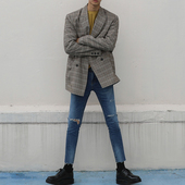 休闲西服外套宽松风衣韩国青年格子大衣潮 西装 MRCYC秋季 韩系男士