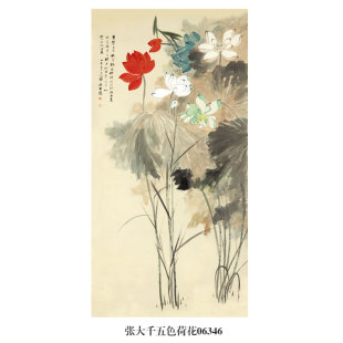 张大千五色荷花图水墨花鸟画装 饰画文人画卷轴山水画玄关茶楼挂画