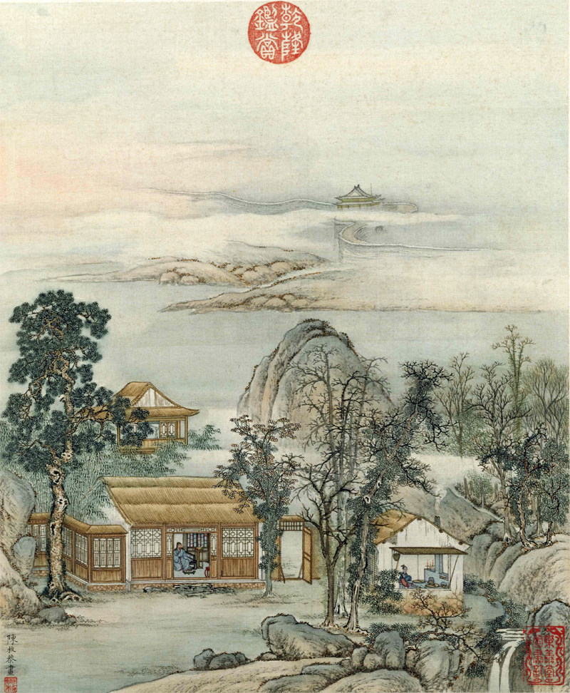 清陈枚山水楼阁图册十二仿古画复制品名画山水画名人字画书画小品