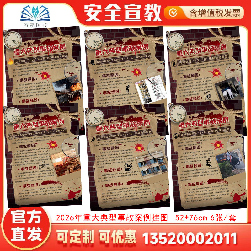 2026年重大典型事故案例挂图 6张 海报主题招贴画 壁报图片标语墙贴知识橱窗壁挂119消防日突发事件与事故应急救消防月包发票 x