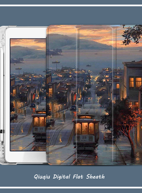 街景油画2020新款pro11保护套带笔槽平板10.2/10.5寸气囊壳18/19 ipad air1/2/3/4三折式5/6苹果9.7迷你54