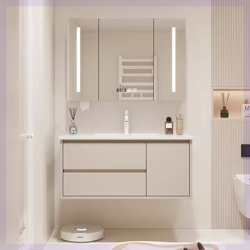 奶油风浴室柜74/84/94CM陶瓷一体洗手池洗脸盆104/114洗漱台定制