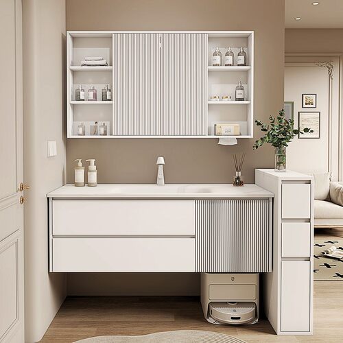 橡木风水镜放扫地机器人浴室柜74/84/94/104/114热弯一体盆洗漱台