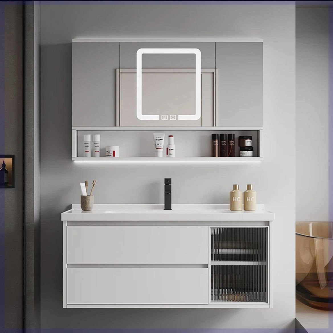 风水镜浴室柜陶瓷一体盆68/78/88/98/108/118CM蜂窝铝洗脸盆定制