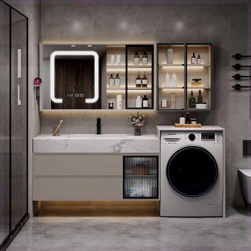 蜂窝铝洗衣机柜一体卫生间岩板无缝洗脸盆洗手台卫浴柜组合可定制