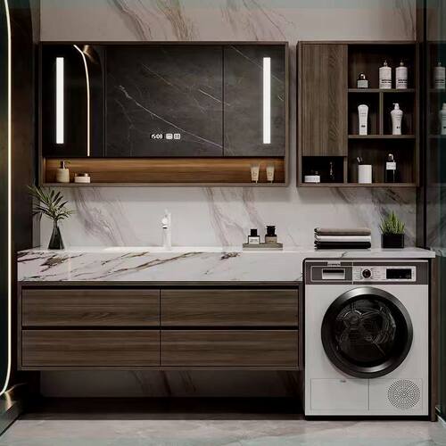 洗衣机组合岩板无缝热弯一体盆蜂窝铝浴室柜洗漱洗手洗脸盆无门板