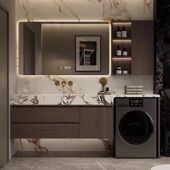 中古风洗衣机柜组合阳台阳台卫生间岩板无缝一体洗脸盆洗漱台定制