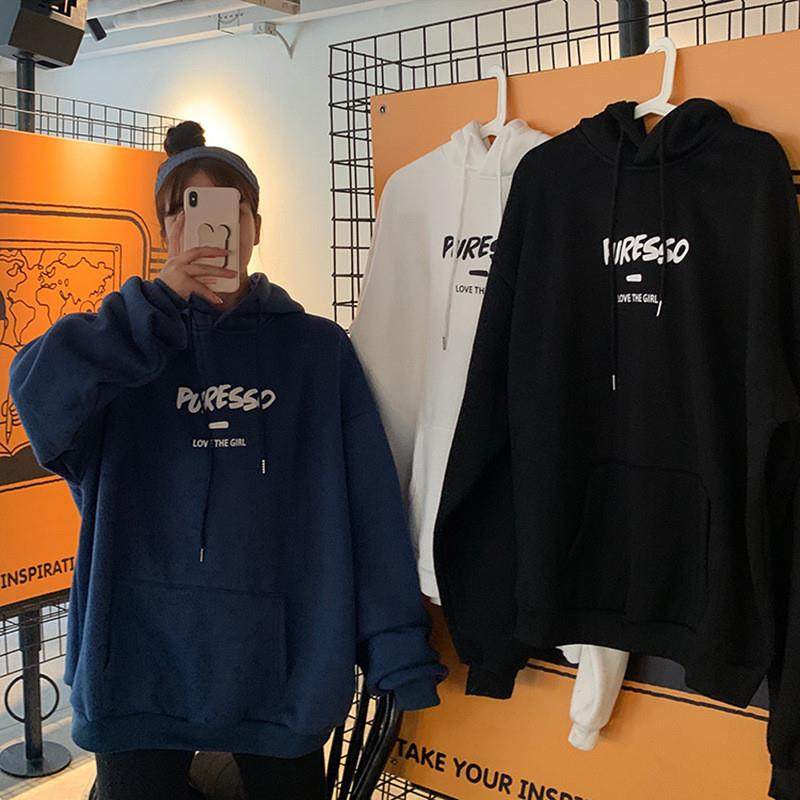 3303宽松加绒秋冬慵懒风连帽印花长袖套头卫衣上衣女外套学生外穿