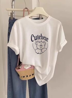 正肩纯棉短袖t恤女2025新款韩版时尚百搭洋气白色上衣打底衫夏季