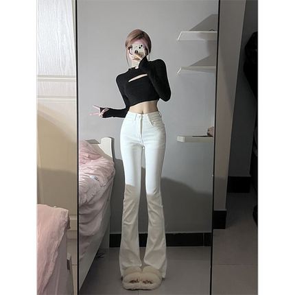 白色牛仔裤女秋冬季加绒小个子九分微喇裤夏季高腰紧身显瘦喇叭裤