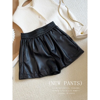 黑色pu蛋白皮短裤高腰显瘦
