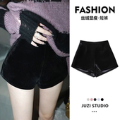 外穿加厚阔腿休闲a字配靴子打底裤 黑色高腰显瘦丝绒短裤 女秋冬季