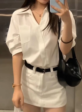 设计高级感衬衣白色V领短袖