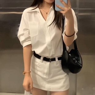 设计高级感衬衣白色V领短袖衬衫女款夏薄款2026新款正装小衫上衣