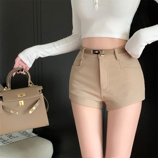 辣妹高腰直筒显瘦包臀a字休闲靴裤 款 女秋季 卡其色配腰带紧身短裤