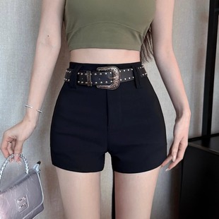 女外穿弹力紧身显瘦休闲超短热裤 美式 辣妹带腰带黑色高腰辣妹短裤