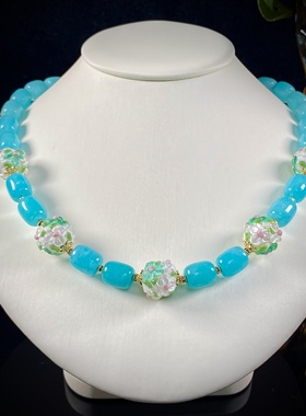 中古饰品粉色T芙尼蓝色清新简约天然石花珠琉璃项链春夏日搭项链