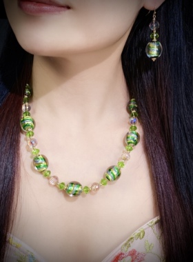 中古饰品银箔黄绿手工琉璃颈链卡16绿色系流行清新原创设计项链