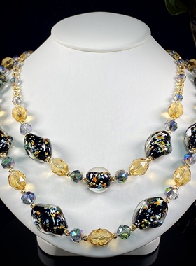 中古原创设计双层异形银箔黑色琉璃进口原色水晶项链