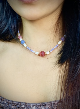 马卡龙天然石贝壳卡12M玫粉猫眼锁骨颈链41+5长度原创设计项链