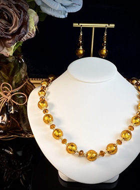 中古饰品银箔手工琉璃颈链金色气质华丽复古原创设计项链耳饰套装