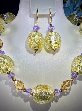 中古原创设计卡20银箔金闪色黄琉璃水晶轻奢项链耳饰套装